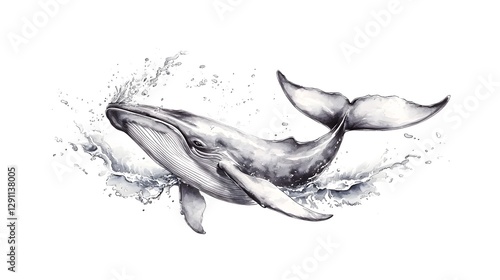 Obraz na płótnie A majestic whale breaching the dramatic ocean surface captured in a striking high contrast ink line art style with dynamic wave textures and a sense of powerful movement and energy w salonie