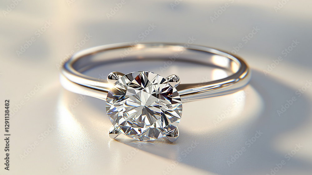 A single diamond ring gleaming on a white surface A single diamond ring gleaming on a white surface