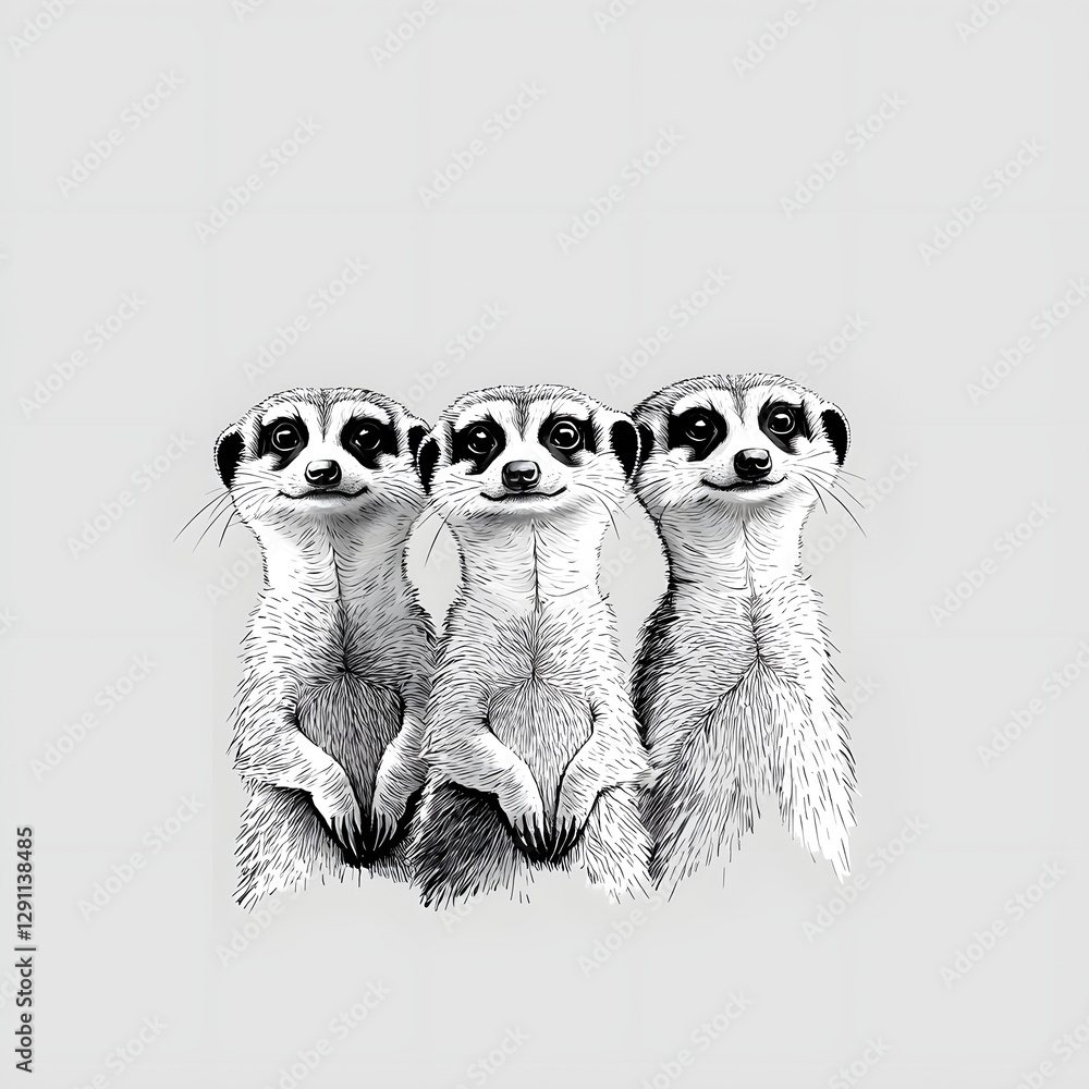 A minimalist yet detailed ink wash painting style showcasing a group of meerkats standing upright in an alert and vigilant pose