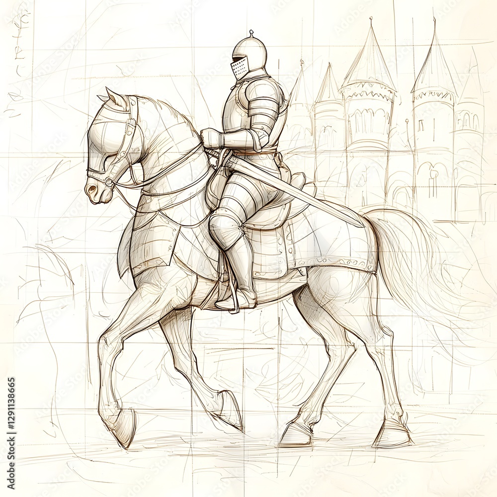 A noble and valiant medieval knight clad in intricate armor riding a powerful and majestic warhorse through a dramatic old world lithographic landscape
