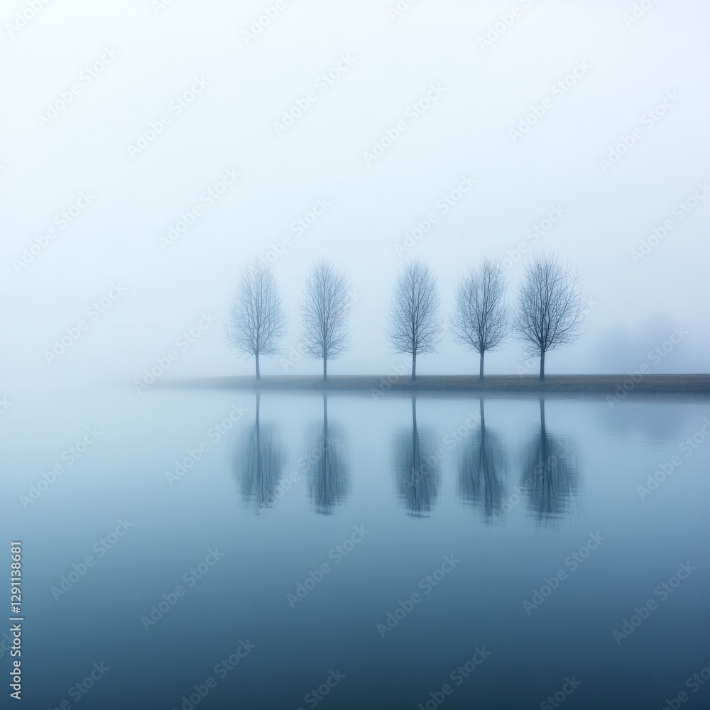 Row of trees in fog with reflection on water. Row of trees in fog with reflection on water.