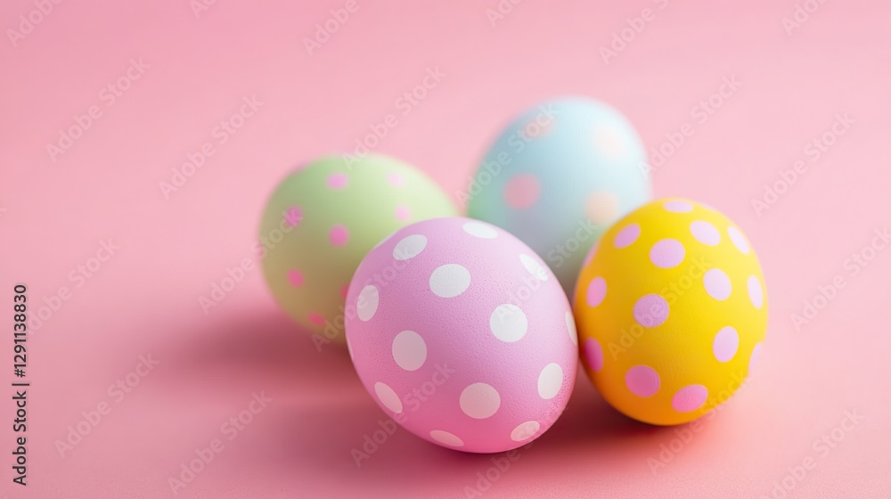 Vibrant Easter Eggs with Polka Dots on Pastel Background, Close-Up View. Joyful Easter Decorations, Cartoon Illustration, Flat Lay Artwork. Vibrant Easter Eggs with Polka Dots on Pastel Background, Close-Up View. Joyful Easter Decorations, Cartoon Illustration, Flat Lay Artwork.