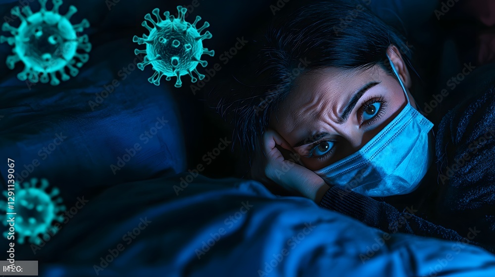 A person suffering from illness is lying in bed their face partially obscured by a medical mask as they are surrounded by the watchful presence of floating holographic bacteria and virus structures