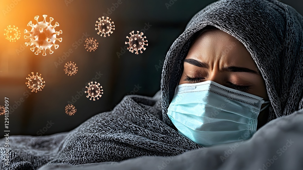 A person wrapped in a blanket lying in bed their masked face barely visible as golden sunset light illuminates influenza virus particles swirling in the air around them capturing the dramatic