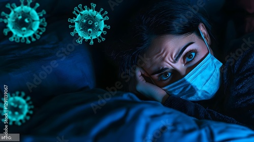 Obraz na płótnie A person suffering from illness is lying in bed their face partially obscured by a medical mask as they are surrounded by the watchful presence of floating holographic bacteria and virus structures w salonie