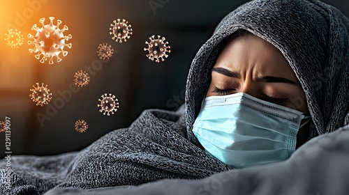 Obraz na płótnie A person wrapped in a blanket lying in bed their masked face barely visible as golden sunset light illuminates influenza virus particles swirling in the air around them capturing the dramatic w salonie