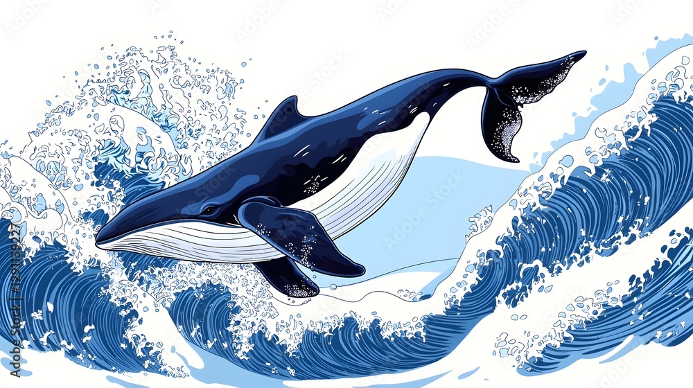 A powerful and dynamic ink line depicting a whale breaching the ocean surface with dramatic wave textures and a high contrast graphic style
