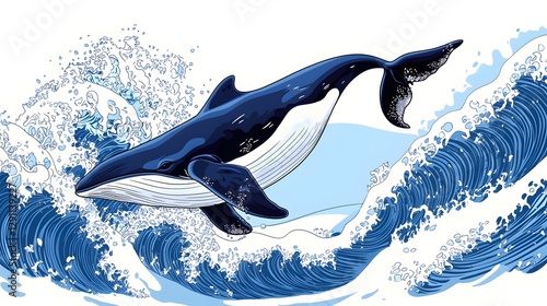 Obraz na płótnie A powerful and dynamic ink line depicting a whale breaching the ocean surface with dramatic wave textures and a high contrast graphic style w salonie