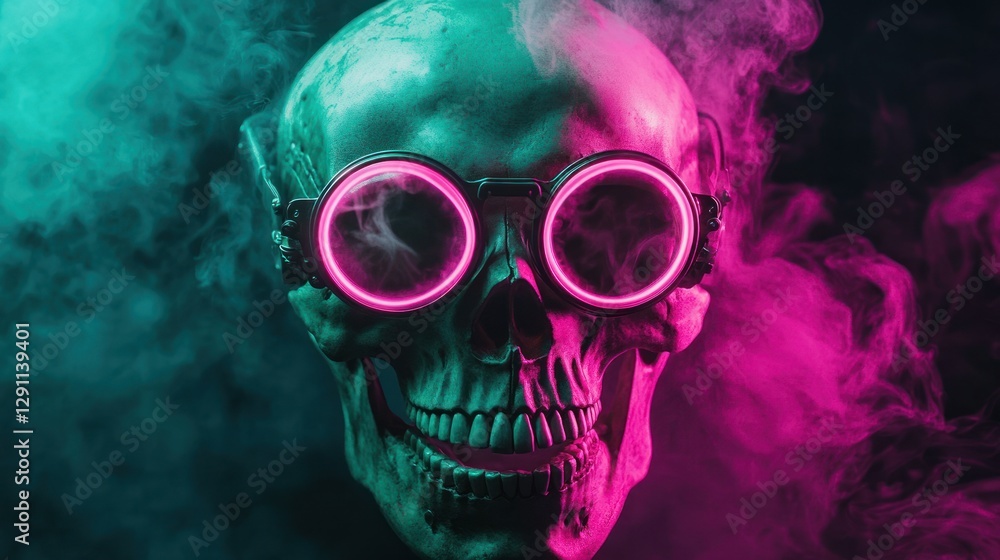 Neon Skull with Futuristic Glasses Surrounded by Colorful Smoke in a Dark Atmosphere for Creative Projects Neon Skull with Futuristic Glasses Surrounded by Colorful Smoke in a Dark Atmosphere for Creative Projects