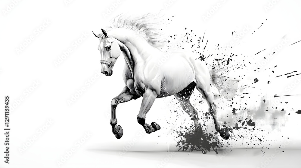 A regal muscular horse depicted in a dynamic cross hatched ink sketch that highlights the animal s powerful stride and elegant movement
