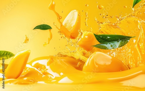 Flying Mango Candy with Tropical Mango Sauce Splashes on Sunny Yellow Background