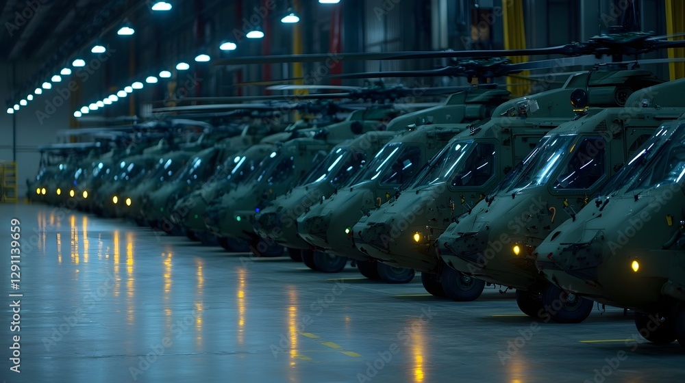 A row of sleek advanced military helicopters aligned in a vast high ceilinged industrial hangar highlighting the precision engineering and cutting edge technology of modern aviation
