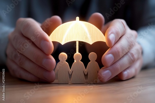 hands Protecting Family with Umbrella: Insurance Concept