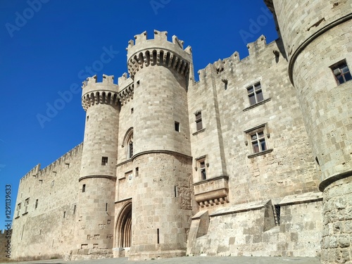 Exterior view of the Palace of the Grand Master of the Knights of Rhodes, a medieval castle in the city of Rhodes, on the island of Rhodes in Greece. 
