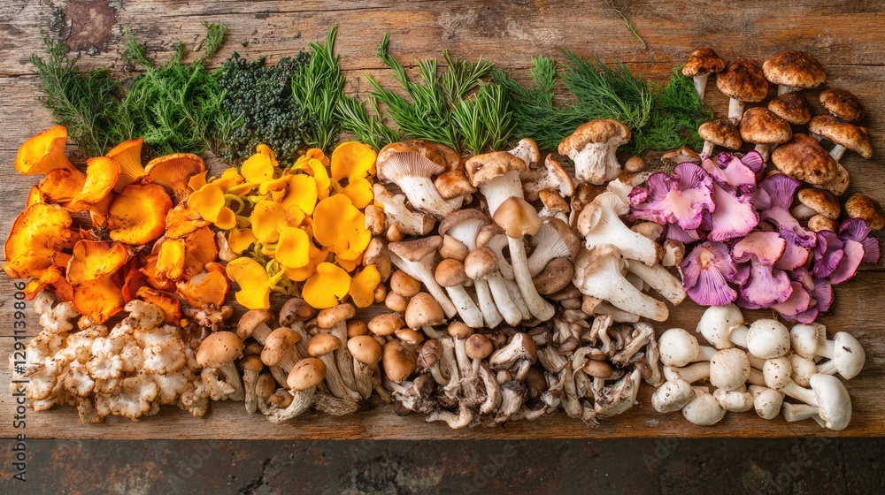 A variety of sustainably sourced mushrooms arranged on a wooden surface. A variety of sustainably sourced mushrooms arranged on a wooden surface.