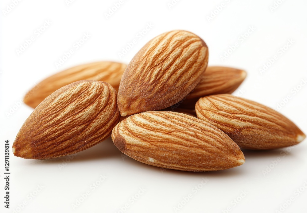 Close-Up View of Textured Almonds Stacked on White Background for Healthy Snack and Culinary Uses in Various Dishes and Recipes Close-Up View of Textured Almonds Stacked on White Background for Healthy Snack and Culinary Uses in Various Dishes and Recipes