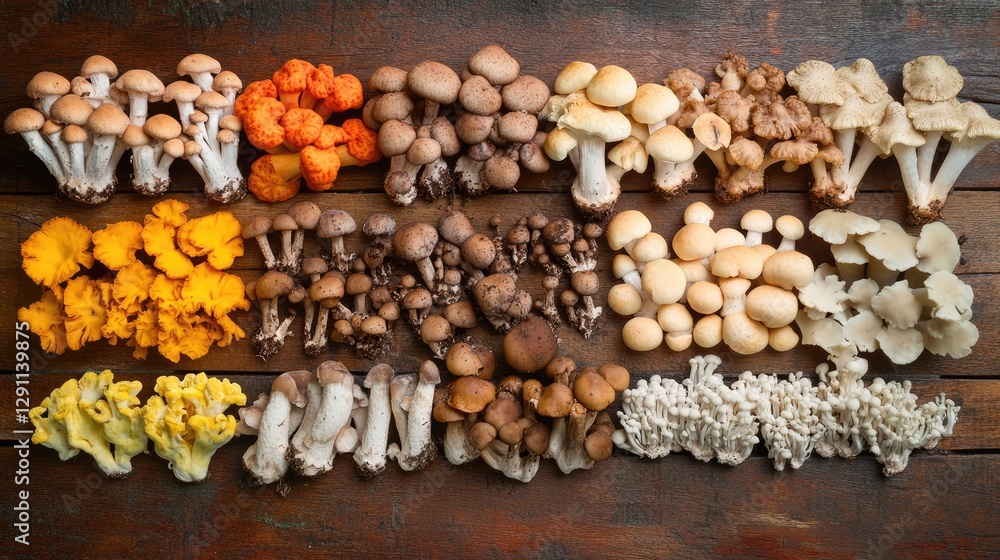 Fototapeta premium A variety of sustainably sourced mushrooms arranged on a wooden surface.