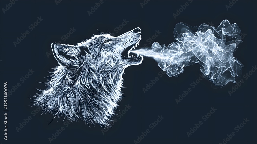 A striking stippled ink depicting a majestic wolf howling at the illuminated moon against a dramatic shadowy landscape The artwork showcases intricate textures deep contrasts