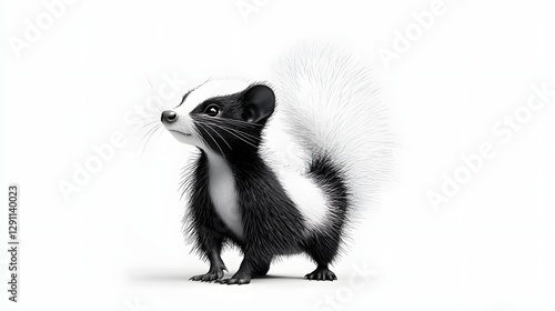 A striking monochrome portrait of a skunk standing in a defensive posture