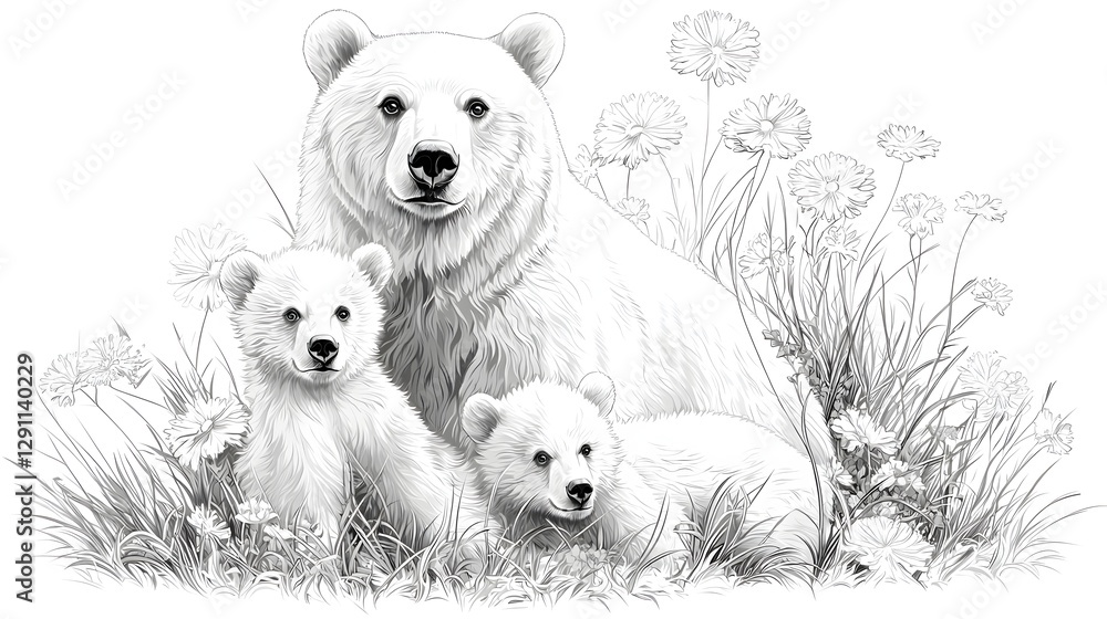 A stunning engraved depicting a devoted mother bear with her two playful cubs showcasing the intricate texture and depth of their fur coats within a lush natural habitat