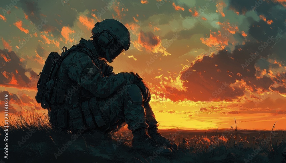 A Sad Solider Looks Down at Sunset in a Grassy Field A Sad Solider Looks Down at Sunset in a Grassy Field