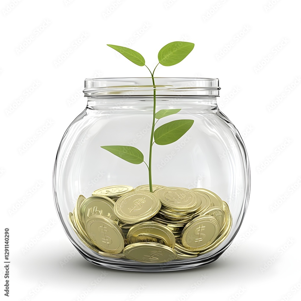 A transparent glass jar filled with golden coins representing accumulated wealth with a small green sprout emerging from the coins symbolizing the growth and potential of that wealth over time