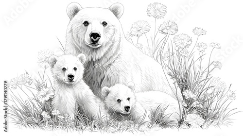 Obraz na płótnie A stunning engraved depicting a devoted mother bear with her two playful cubs showcasing the intricate texture and depth of their fur coats within a lush natural habitat w salonie