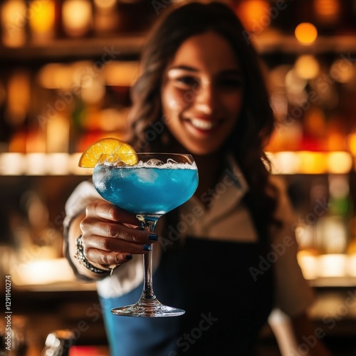 Smiling Bartender Presenting a Blue Cocktail in a Dimly Lit Bar