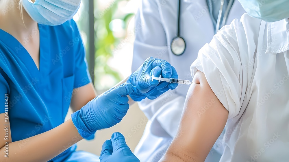 A vaccination clinic scene showing multiple patients receiving influenza shots from masked medical professionals