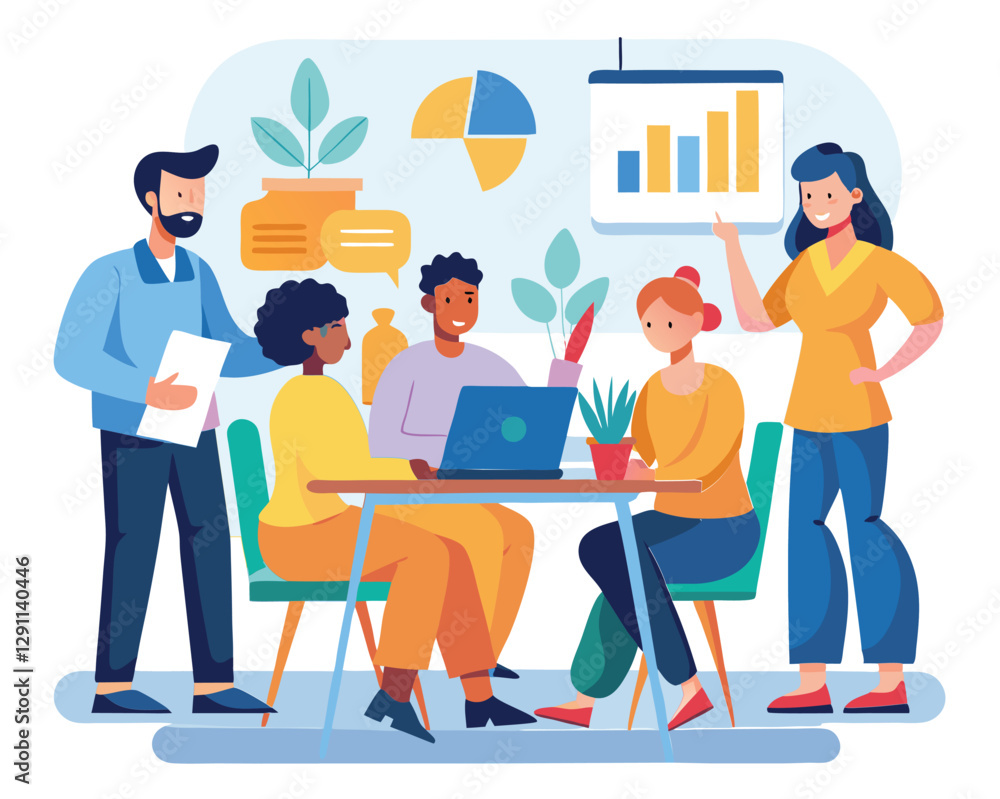 Vector cartoon illustration in a flat style of a group of diverse people leading Diverse Professionals in a Business Discussion Vector cartoon illustration in a flat style of a group of diverse people leading Diverse Professionals in a Business Discussion