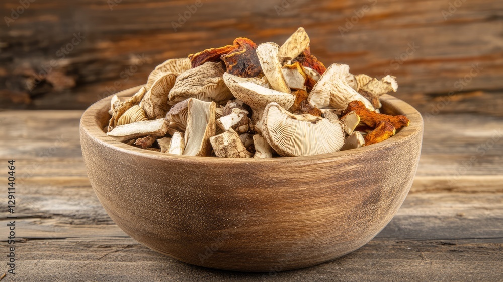 A wooden bowl filled with dried shiitake, chaga, and cordyceps mushrooms. A wooden bowl filled with dried shiitake, chaga, and cordyceps mushrooms.