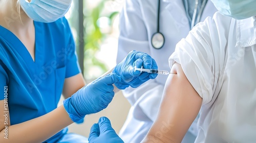 Obraz na płótnie A vaccination clinic scene showing multiple patients receiving influenza shots from masked medical professionals w salonie