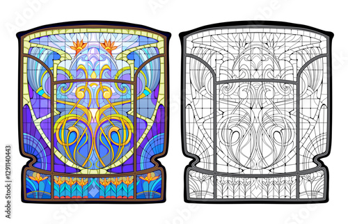 Colorful and black and white template for coloring. Fantasy illustration of an Art Deco stained glass window. French architecture. Worksheet for coloring book for children and adults. Vector image.