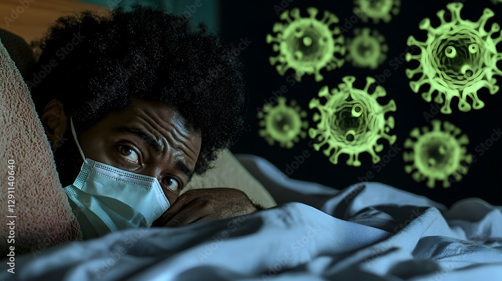 A weak and feverish patient wearing a face mask lying in bed under the dim glow of floating medical holograms depicting bacteria and viruses