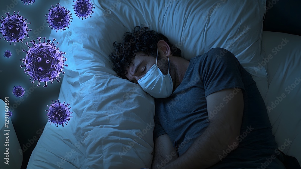A weak and feverish patient wearing a face mask lying in bed under the dim glow of floating medical holograms depicting bacteria and viruses with natural daylight streaming through the window