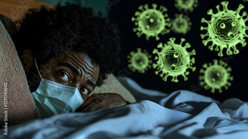 Obraz na płótnie A weak and feverish patient wearing a face mask lying in bed under the dim glow of floating medical holograms depicting bacteria and viruses w salonie