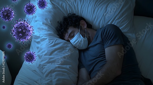 A weak and feverish patient wearing a face mask lying in bed under the dim glow of floating medical holograms depicting bacteria and viruses with natural daylight streaming through the window