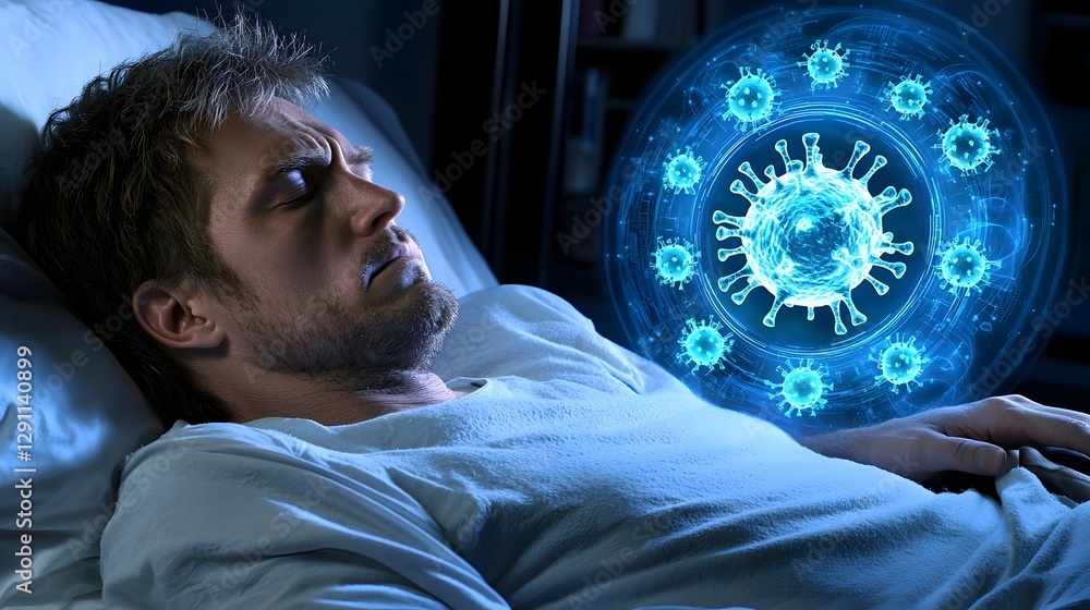 A weak individual resting in bed looking at holographic virus projections floating around them bacteria models rendered in glowing blue light