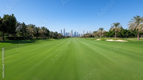 A lush golf course stretches towards a vibrant skyline, framed by palm trees under a clear blue sky, showcasing the beauty of urban and natural landscapes.