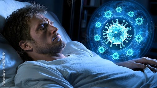 Obraz na płótnie A weak individual resting in bed looking at holographic virus projections floating around them bacteria models rendered in glowing blue light w salonie