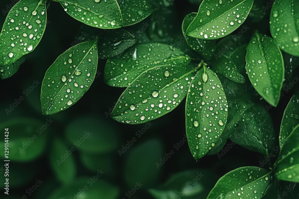 Fototapeta premium Lush Green Leaves with Water Droplets Close Up Nature Photography