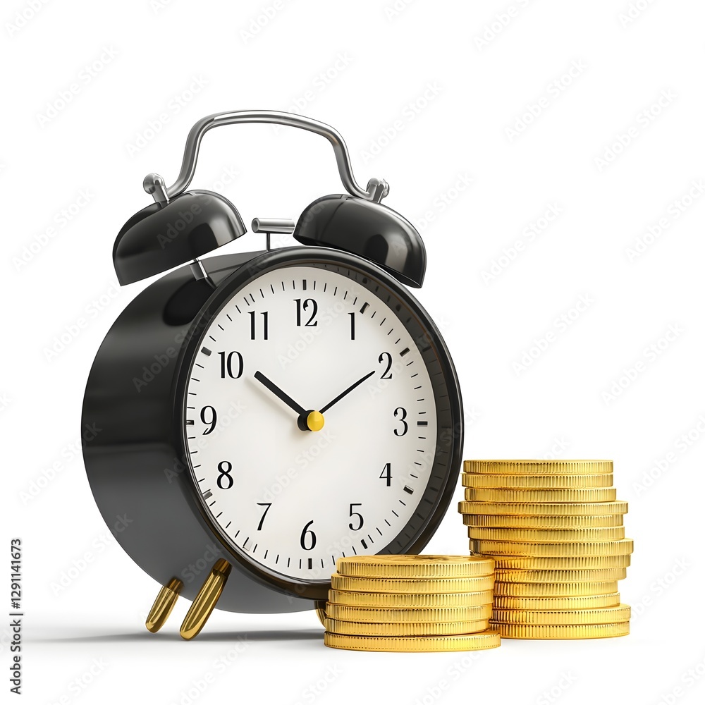 Alarm Clock with Stacked Gold Coins Symbolizing Retirement Savings and Time Management 3D with Clean White Background Representing Financial Planning Investment and Wealth Building