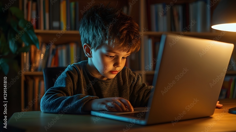A young child is intently focused on their laptop engaged in online education within a well lit academic setting The scene features a desk a bookshelf filled background
