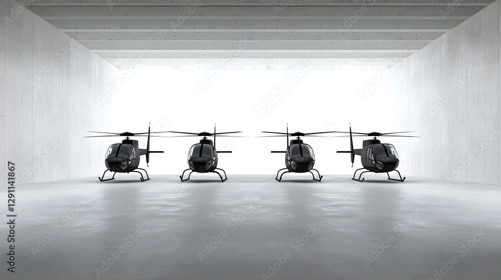 An expansive military helicopter hangar featuring a perfectly aligned lineup of high tech helicopters showcasing advancements in aerospace design with polished floors overhead cranes