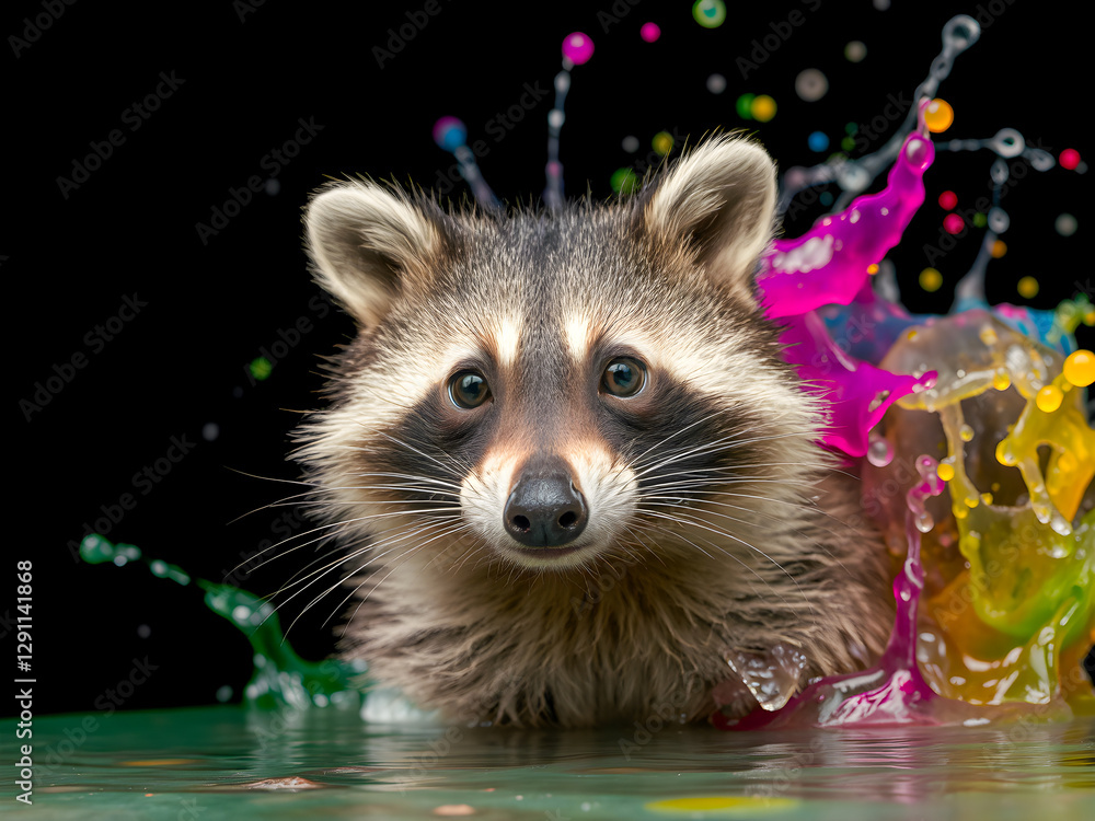 Obraz premium Cute raccoon in water with colorful drops isolated on black background