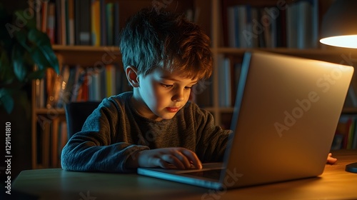 Obraz na płótnie A young child is intently focused on their laptop engaged in online education within a well lit academic setting The scene features a desk a bookshelf filled background w salonie