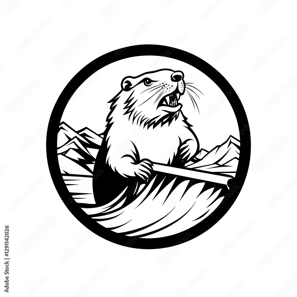Beaver Constructing Dam in Woodcut Style with Striking Black and White Contrasts Depicting the Industrious Nature and Engineering Prowess of This Remarkable Aquatic Rodent