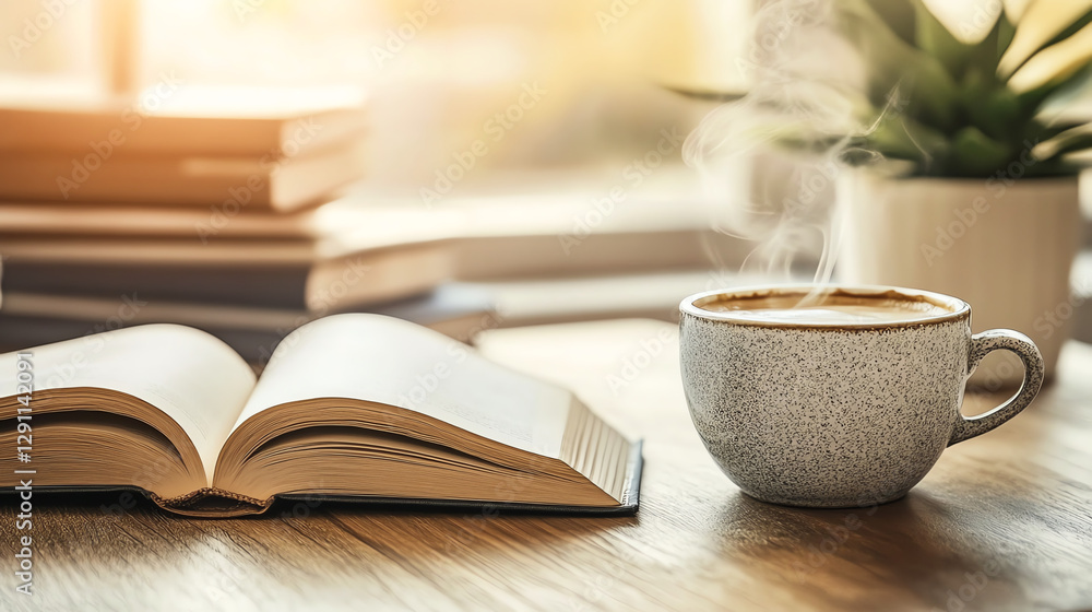 A steaming cup of coffee beside an open book on a cozy wooden table, AI-generated artwork A steaming cup of coffee beside an open book on a cozy wooden table, AI-generated artwork