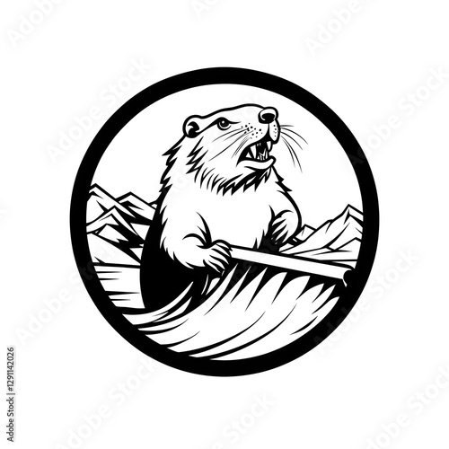 Obraz na płótnie Beaver Constructing Dam in Woodcut Style with Striking Black and White Contrasts Depicting the Industrious Nature and Engineering Prowess of This Remarkable Aquatic Rodent w salonie