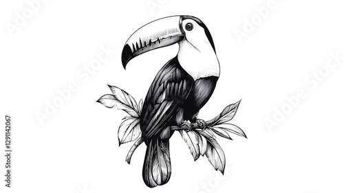 Obraz na płótnie Beautifully rendered toucan perched on a wooden branch its distinctive beak and feathers delicately captured in a detailed ink engraving with subtle shading creating a captivating monochrome w salonie